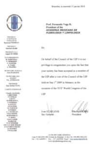 Carta UIP Phlebology - Aceptación AMFYL 2009 Monaco - Union International Phlebology - Mexico Flebología